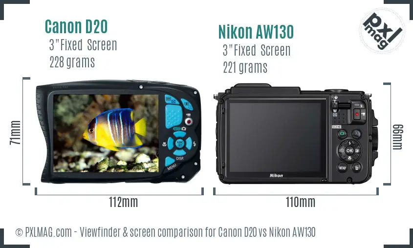 Canon D20 vs Nikon AW130 Screen and Viewfinder comparison