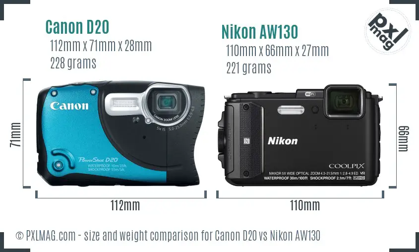 Canon D20 vs Nikon AW130 size comparison