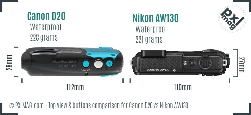 Canon D20 vs Nikon AW130 top view buttons comparison