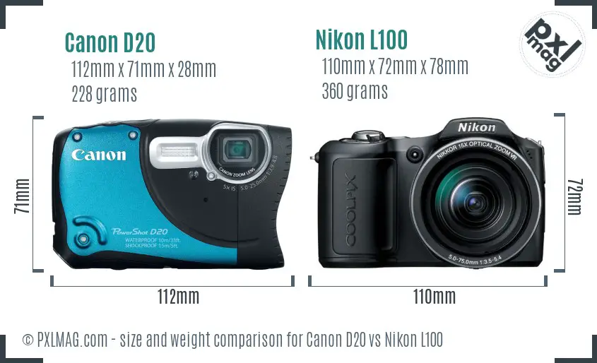 Canon D20 vs Nikon L100 size comparison Canon D20 vs Nikon L100 size comparison