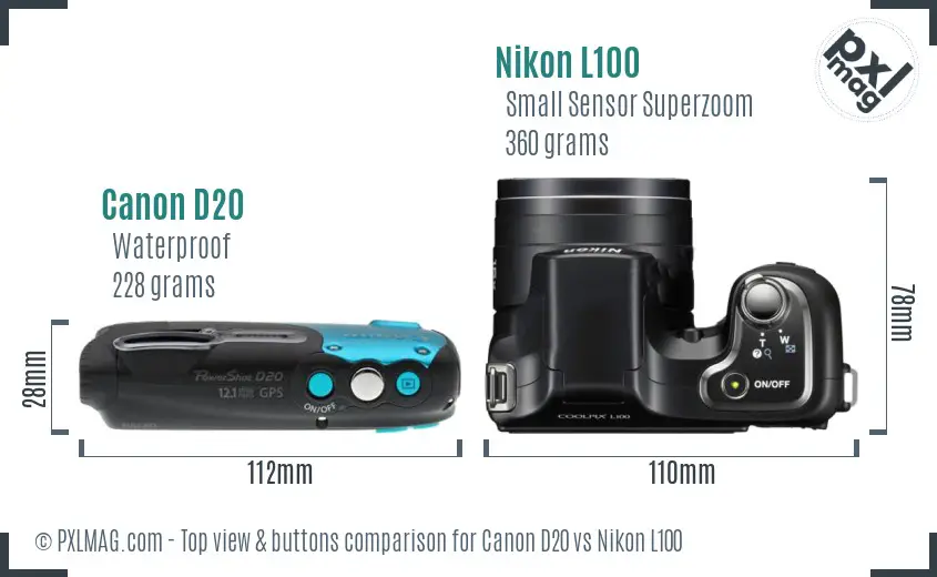 Canon D20 vs Nikon L100 top view buttons comparison