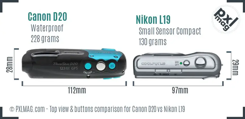 Canon D20 vs Nikon L19 top view buttons comparison