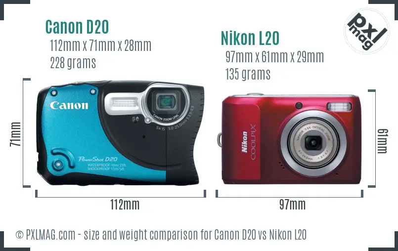 Canon D20 vs Nikon L20 size comparison