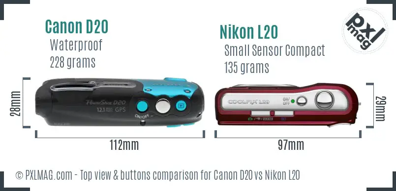 Canon D20 vs Nikon L20 top view buttons comparison