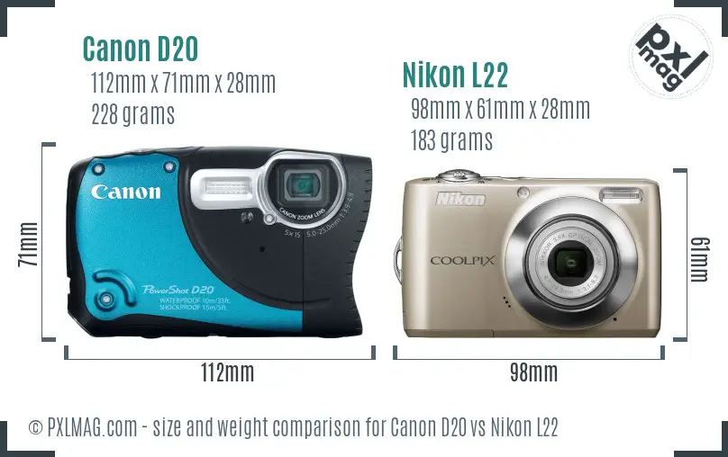 Canon D20 vs Nikon L22 size comparison
