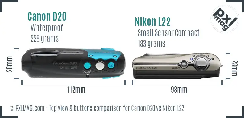 Canon D20 vs Nikon L22 top view buttons comparison