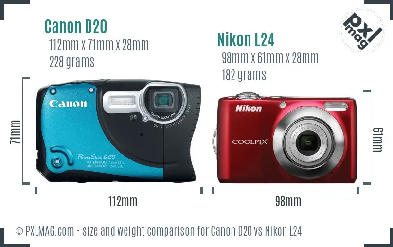 Canon D20 vs Nikon L24 size comparison