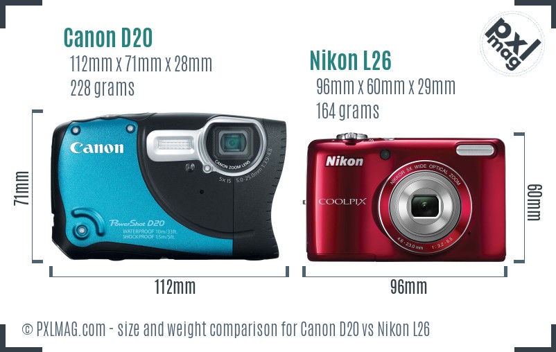 Canon D20 vs Nikon L26 size comparison