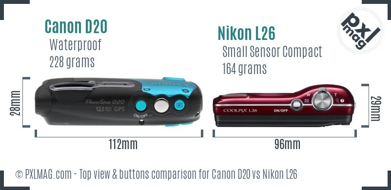 Canon D20 vs Nikon L26 top view buttons comparison