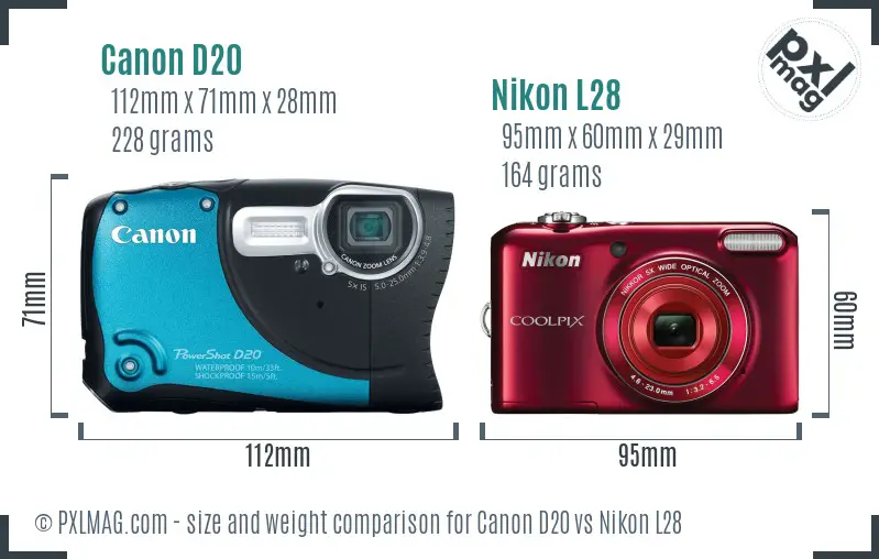 Canon D20 vs Nikon L28 size comparison