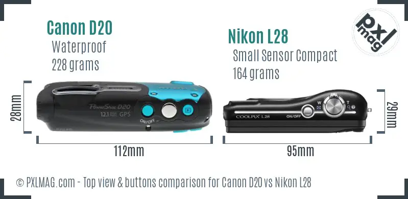 Canon D20 vs Nikon L28 top view buttons comparison