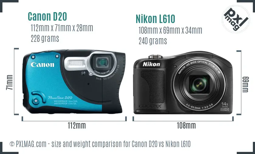 Canon D20 vs Nikon L610 size comparison