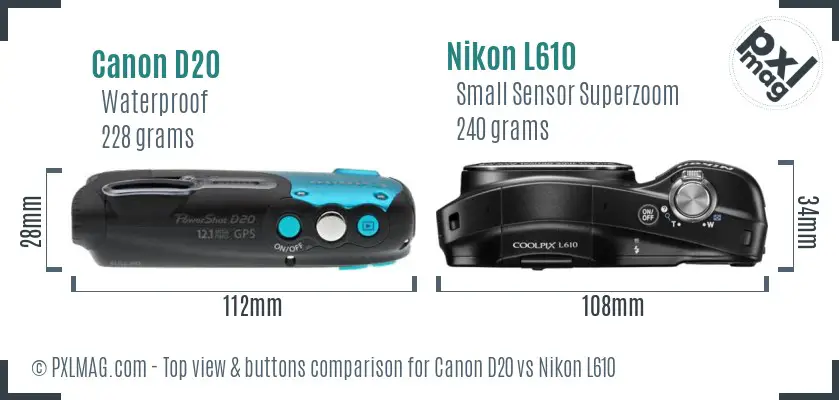 Canon D20 vs Nikon L610 top view buttons comparison