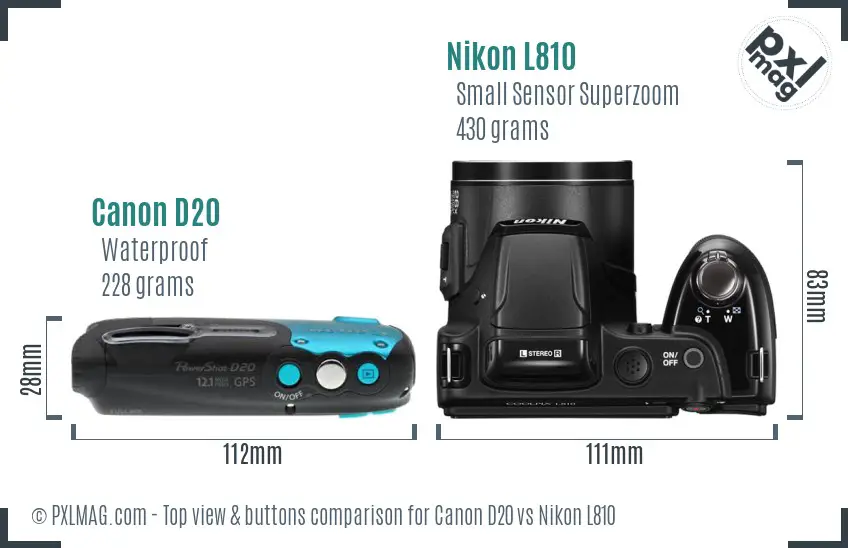 Canon D20 vs Nikon L810 top view buttons comparison Canon D20 vs Nikon L810 top view buttons comparison