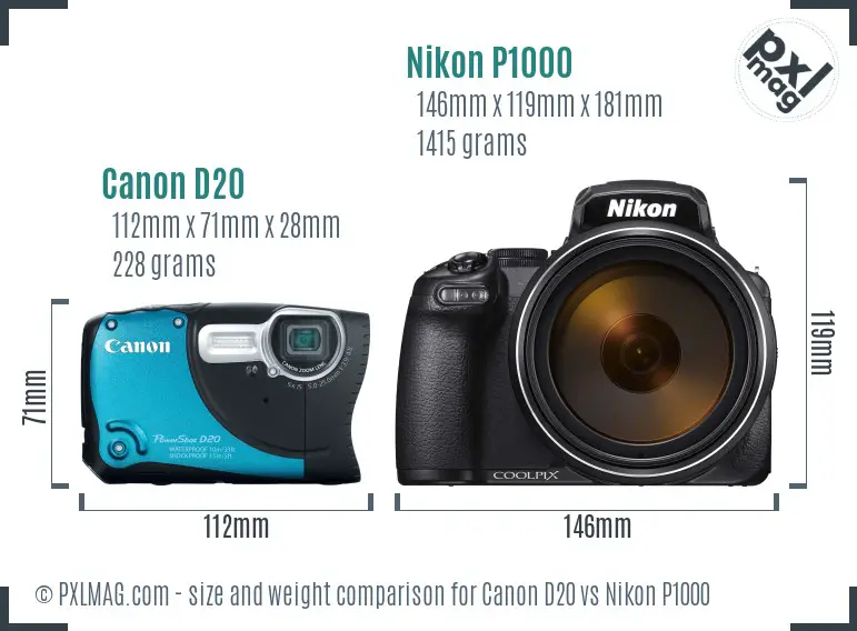 Canon D20 vs Nikon P1000 size comparison