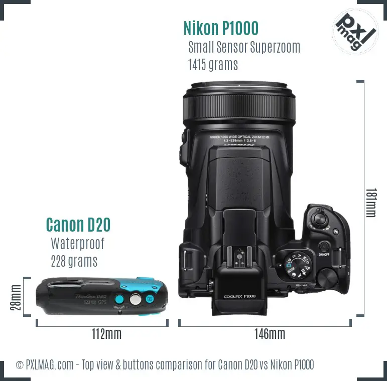 Canon D20 vs Nikon P1000 top view buttons comparison