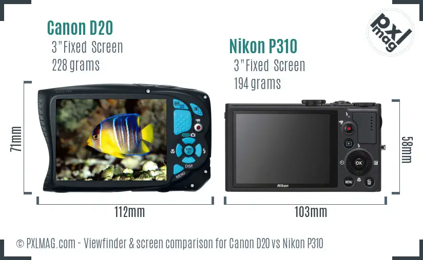 Canon D20 vs Nikon P310 Screen and Viewfinder comparison