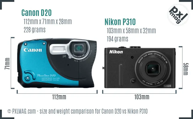 Canon D20 vs Nikon P310 size comparison