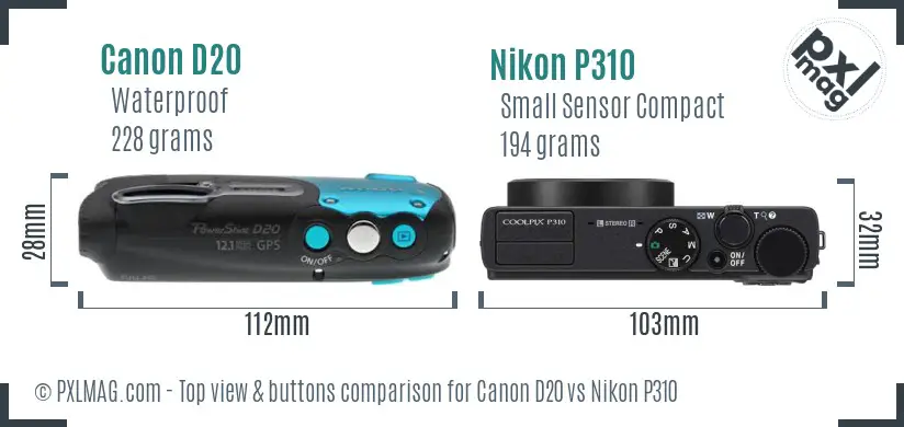 Canon D20 vs Nikon P310 top view buttons comparison