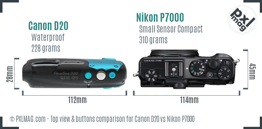 Canon D20 vs Nikon P7000 top view buttons comparison Canon D20 vs Nikon P7000 top view buttons comparison