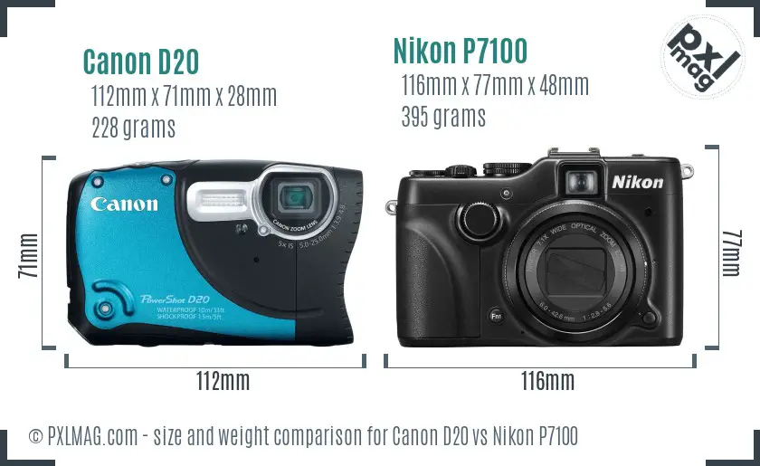 Canon D20 vs Nikon P7100 size comparison