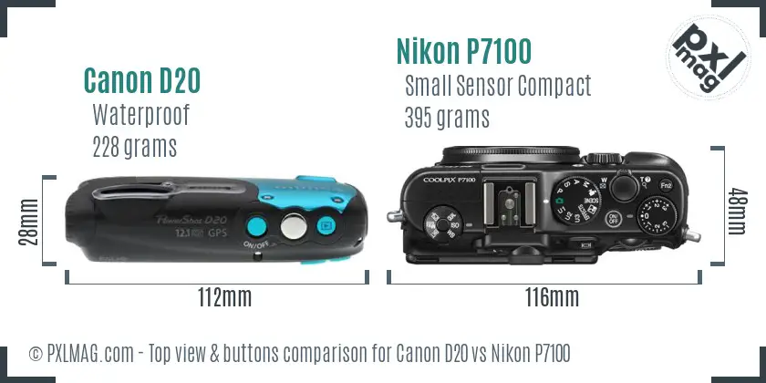 Canon D20 vs Nikon P7100 top view buttons comparison
