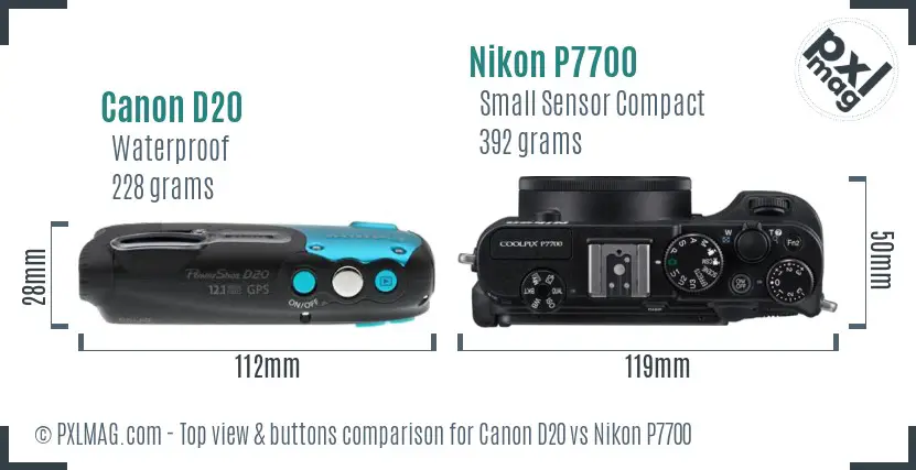 Canon D20 vs Nikon P7700 top view buttons comparison