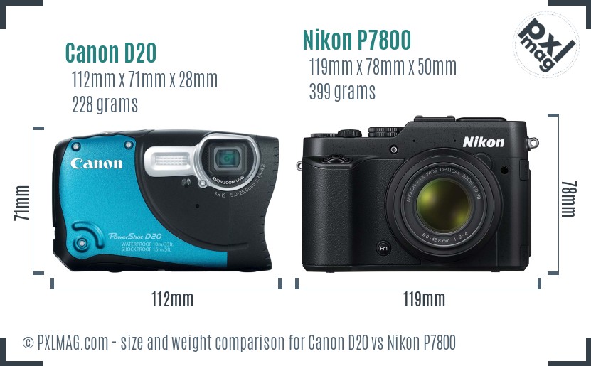 Canon D20 vs Nikon P7800 size comparison