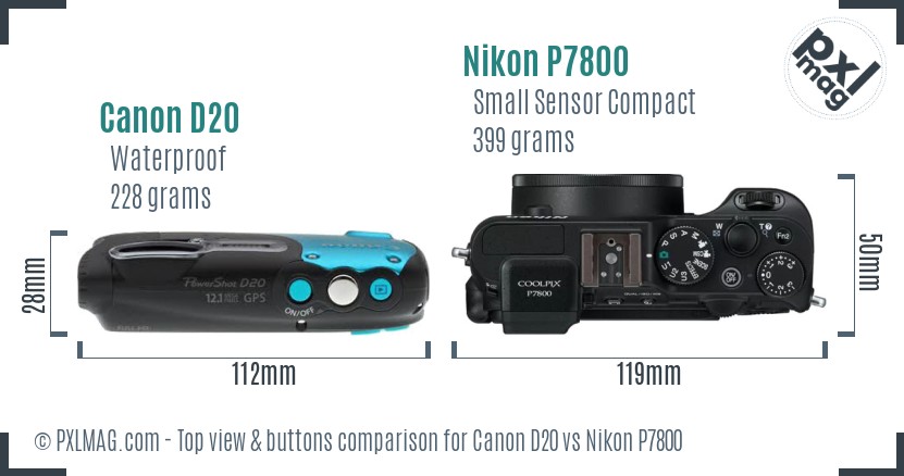 Canon D20 vs Nikon P7800 top view buttons comparison