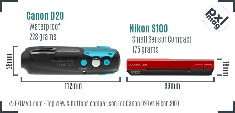 Canon D20 vs Nikon S100 top view buttons comparison Canon D20 vs Nikon S100 top view buttons comparison