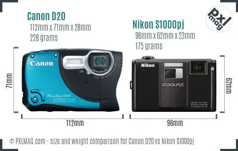 Canon D20 vs Nikon S1000pj size comparison