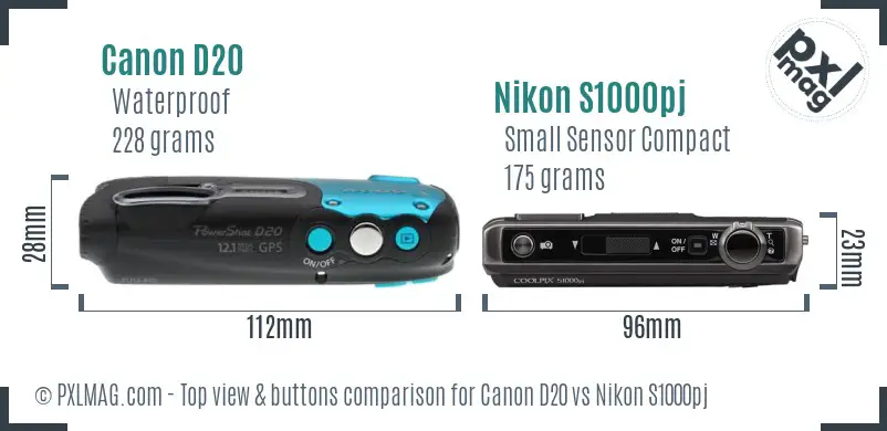 Canon D20 vs Nikon S1000pj top view buttons comparison