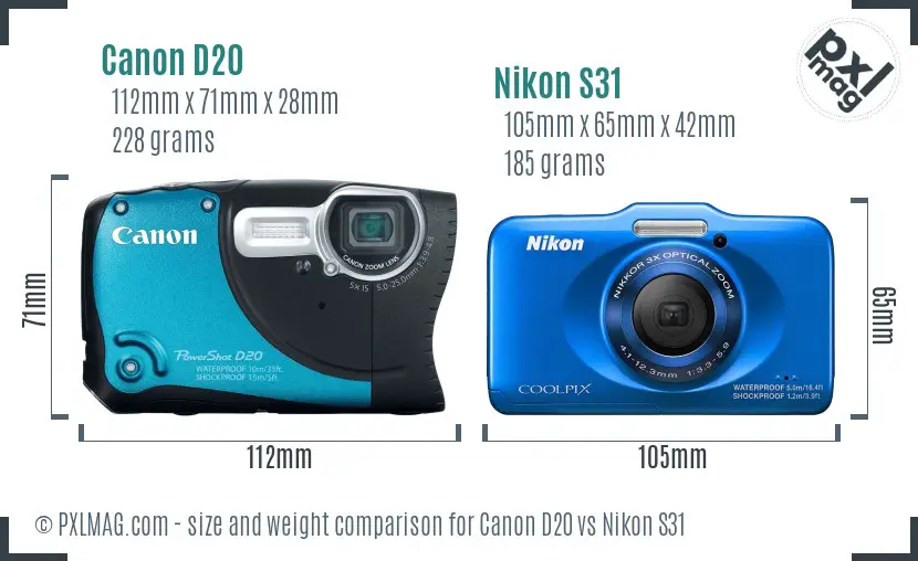 Canon D20 vs Nikon S31 size comparison