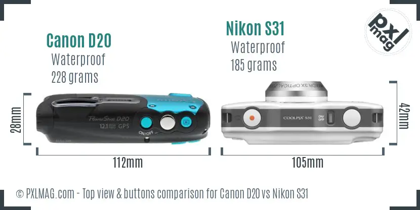 Canon D20 vs Nikon S31 top view buttons comparison