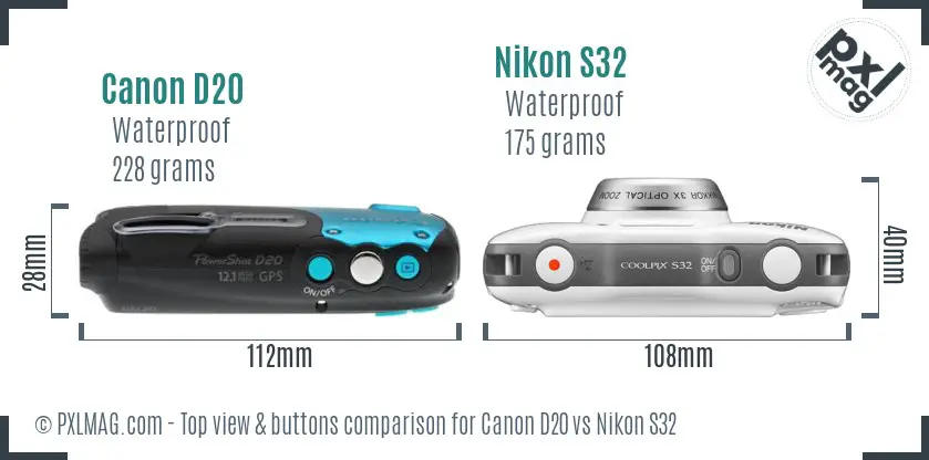 Canon D20 vs Nikon S32 top view buttons comparison Canon D20 vs Nikon S32 top view buttons comparison