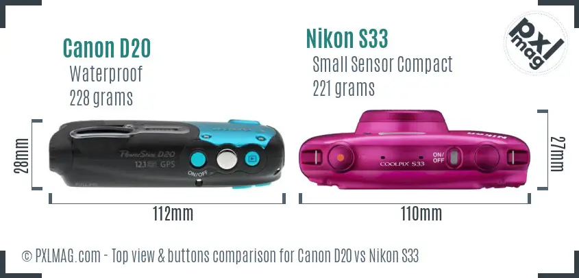 Canon D20 vs Nikon S33 top view buttons comparison