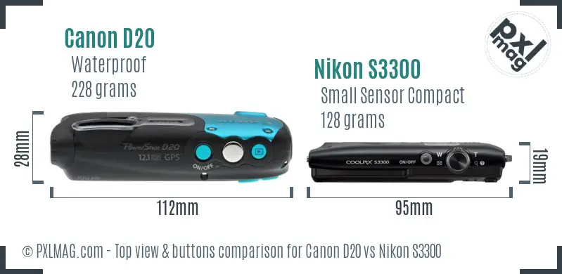 Canon D20 vs Nikon S3300 top view buttons comparison