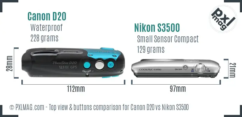 Canon D20 vs Nikon S3500 top view buttons comparison