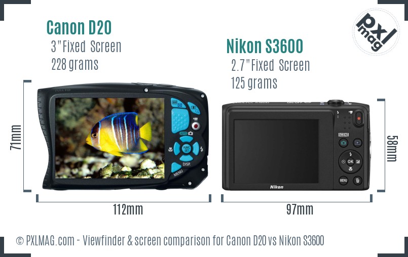 Canon D20 vs Nikon S3600 Screen and Viewfinder comparison