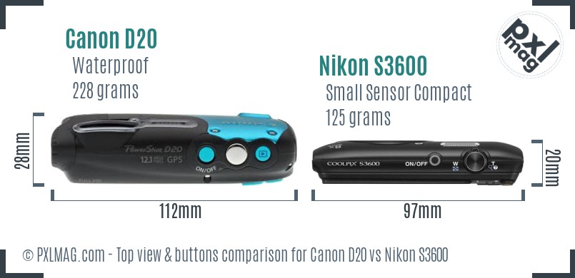 Canon D20 vs Nikon S3600 top view buttons comparison