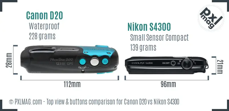 Canon D20 vs Nikon S4300 top view buttons comparison