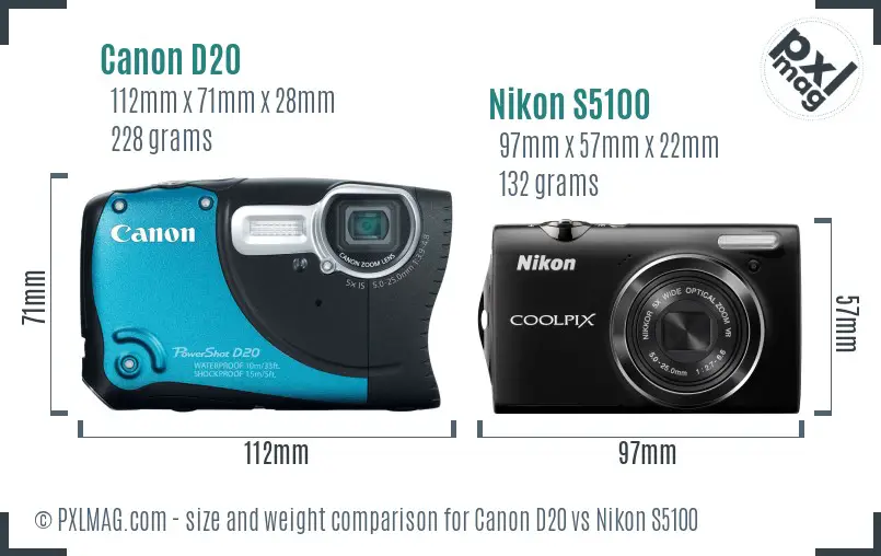 Canon D20 vs Nikon S5100 size comparison