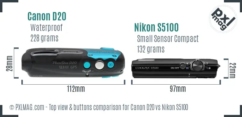 Canon D20 vs Nikon S5100 top view buttons comparison