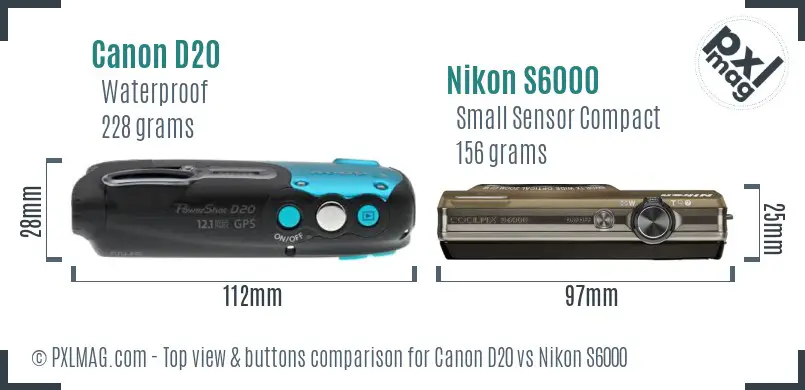 Canon D20 vs Nikon S6000 top view buttons comparison