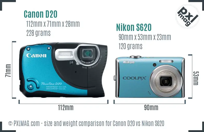 Canon D20 vs Nikon S620 size comparison Canon D20 vs Nikon S620 size comparison