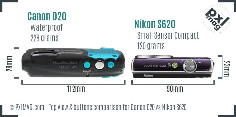 Canon D20 vs Nikon S620 top view buttons comparison Canon D20 vs Nikon S620 top view buttons comparison
