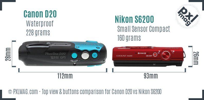 Canon D20 vs Nikon S6200 top view buttons comparison