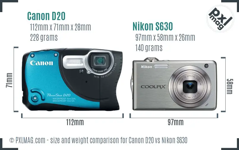 Canon D20 vs Nikon S630 size comparison