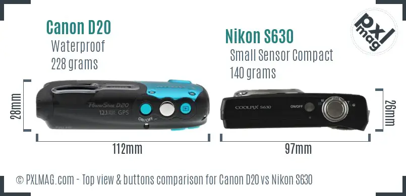 Canon D20 vs Nikon S630 top view buttons comparison