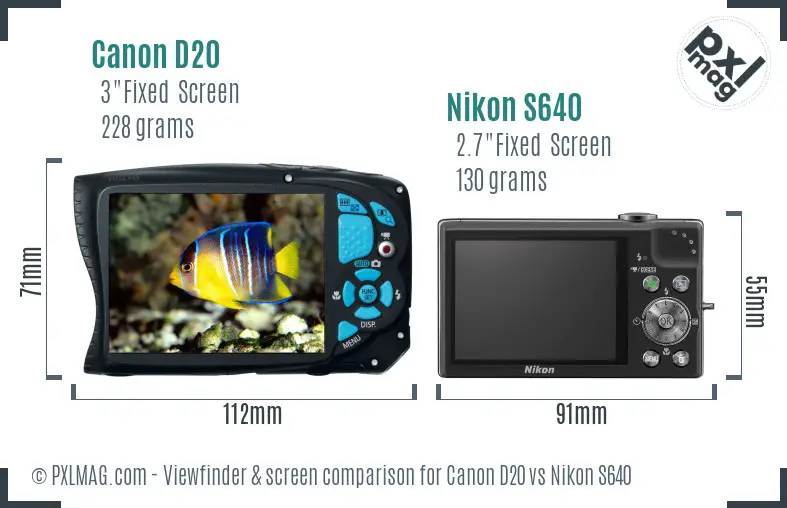Canon D20 vs Nikon S640 Screen and Viewfinder comparison